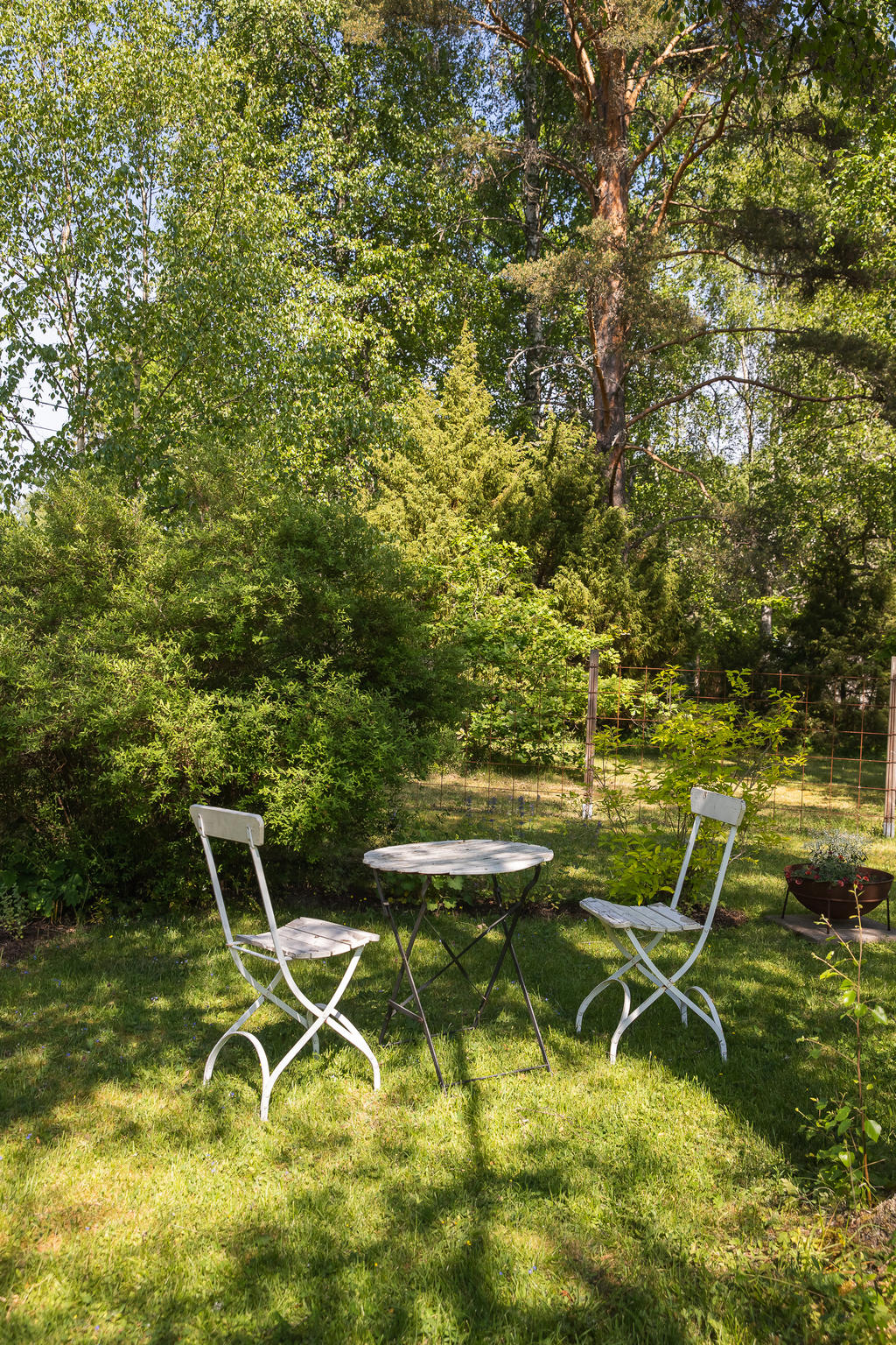 Sittplats i skuggig del av trädgården