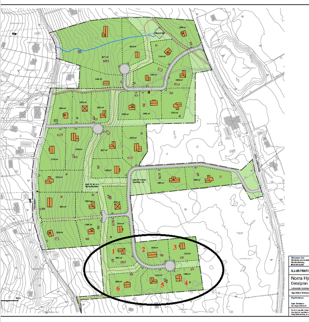 Tomtkarta från detaljplanen för hela området i Hjortnäsheden. De aktuella tomterna är inringade och markerad 1-6 (tomt 1 och 2 är såld). 
I dagsläget är tomt nummer 1-3 avstyckade och avverkning på plats samt anläggning av väg i området pågår. Avstyckning av tomt 4-6 är är inte påbörjad ännu..
