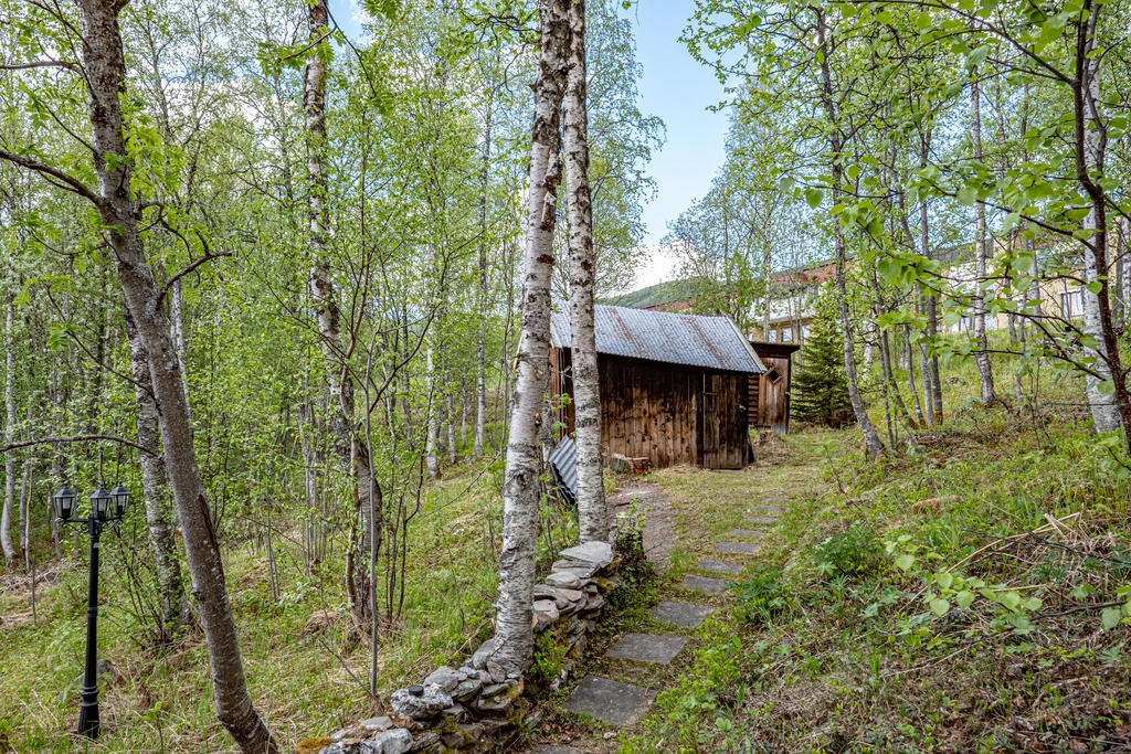 Vy från veranda mot förråd