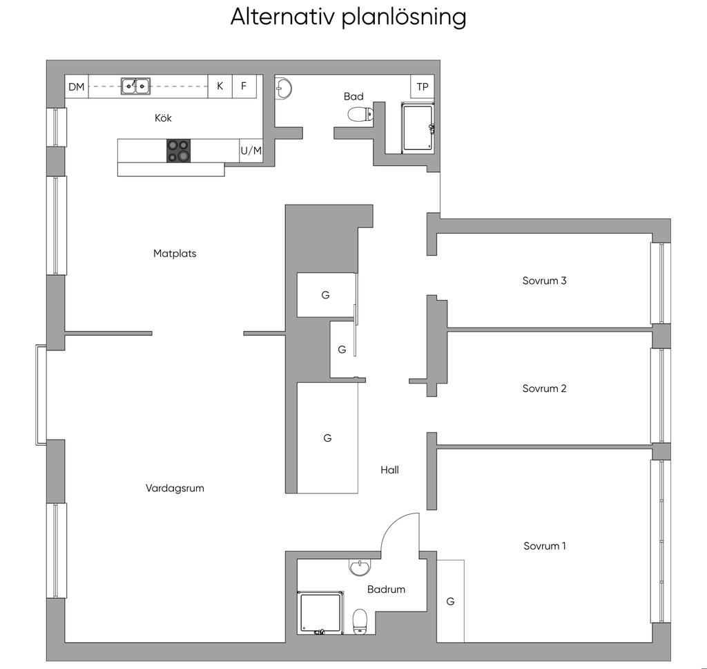 Alternativ planlösning med gäst-wc. 