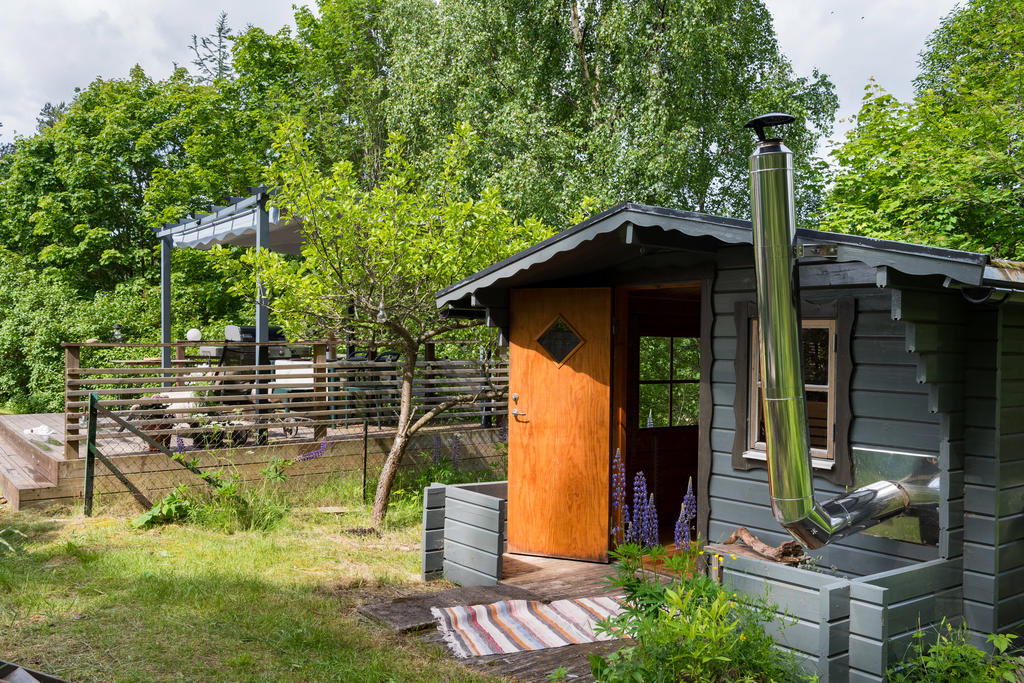 Bastu som står på grönyta bakom tomten