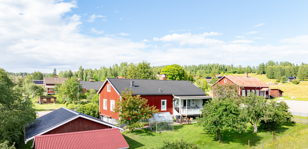 Den uppväxta trädgården med äppelträd och vinbärsbuskar erbjuder en grönskande fristad och perfekta förutsättningar för den trädgårdsintresserade. 