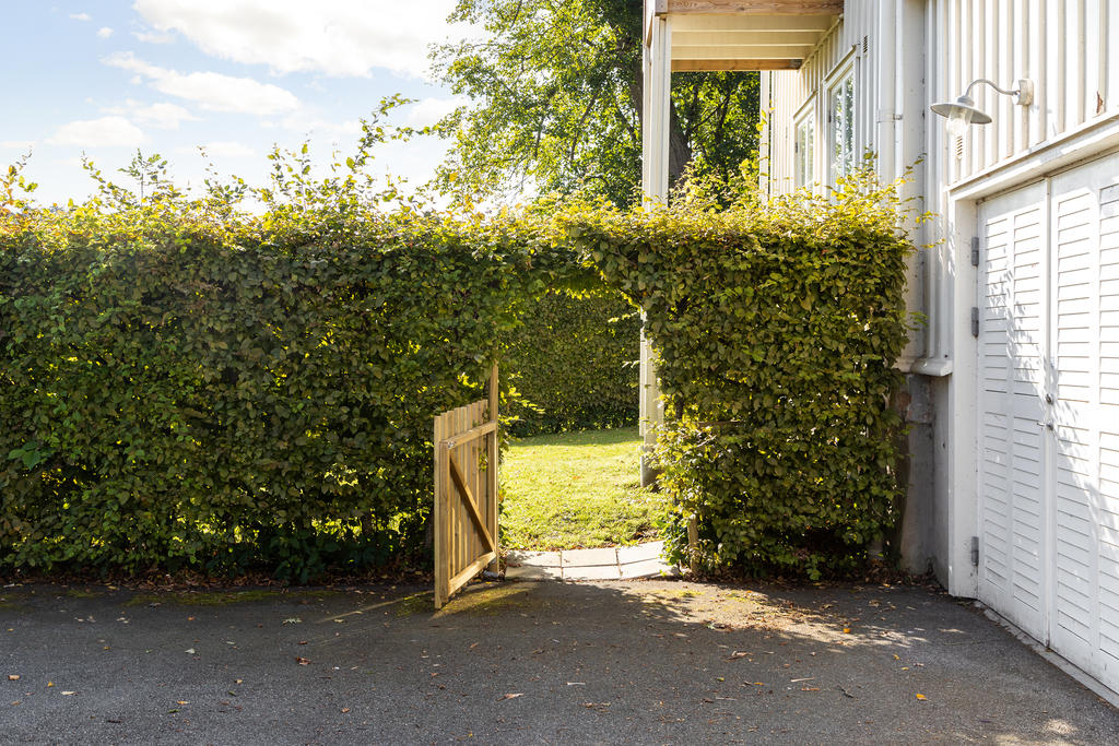 Bakom häcken döljer sig altanen och den lilla gräsmattan