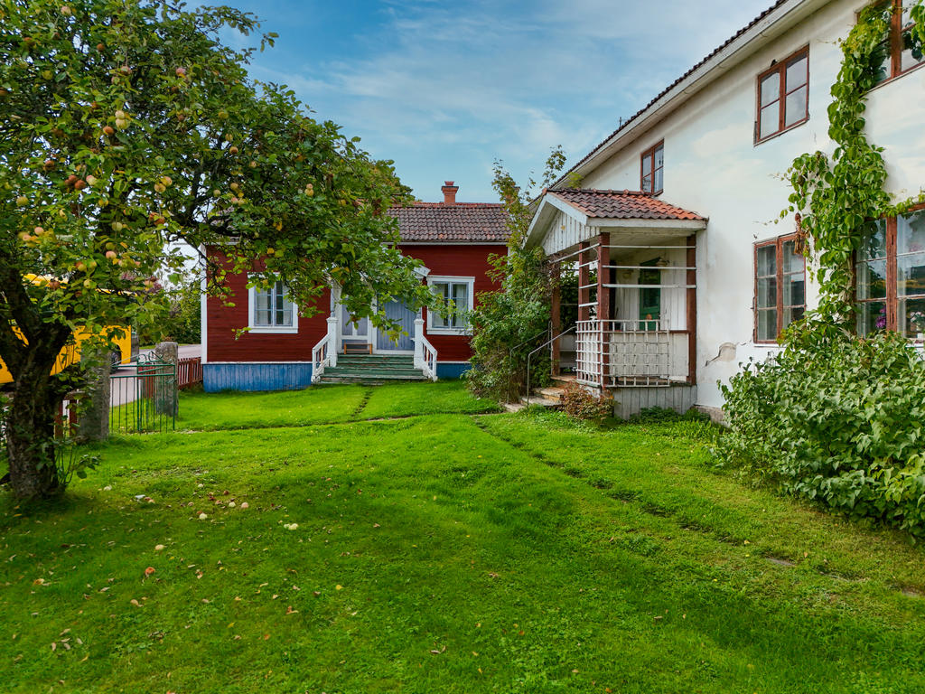 Entré och trädgård med äppelträd intill Långgatan på gården framsida. 