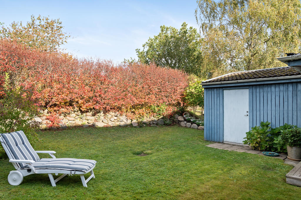 Trädgård med Skrylle naturreservat på andra sidan häcken.