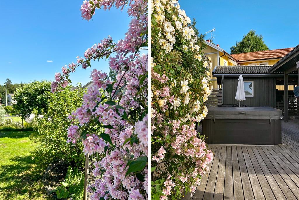 Sommarbild - trädgård, altan och spabad